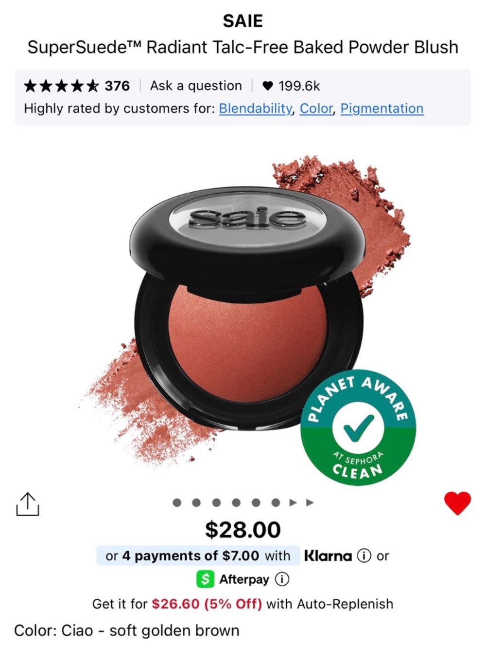 Saie SuperSuede Blush – Ciao (soft golden brown, warm coral-brown)